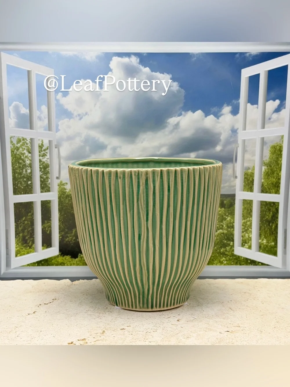 Boho Green Ribbed Ceramic Planter with Drainage Hole | Fluted Plant Pot